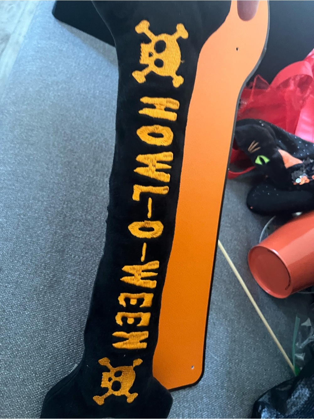 Halloween Black Plush Door Draft Stopper with Orange Embroidery